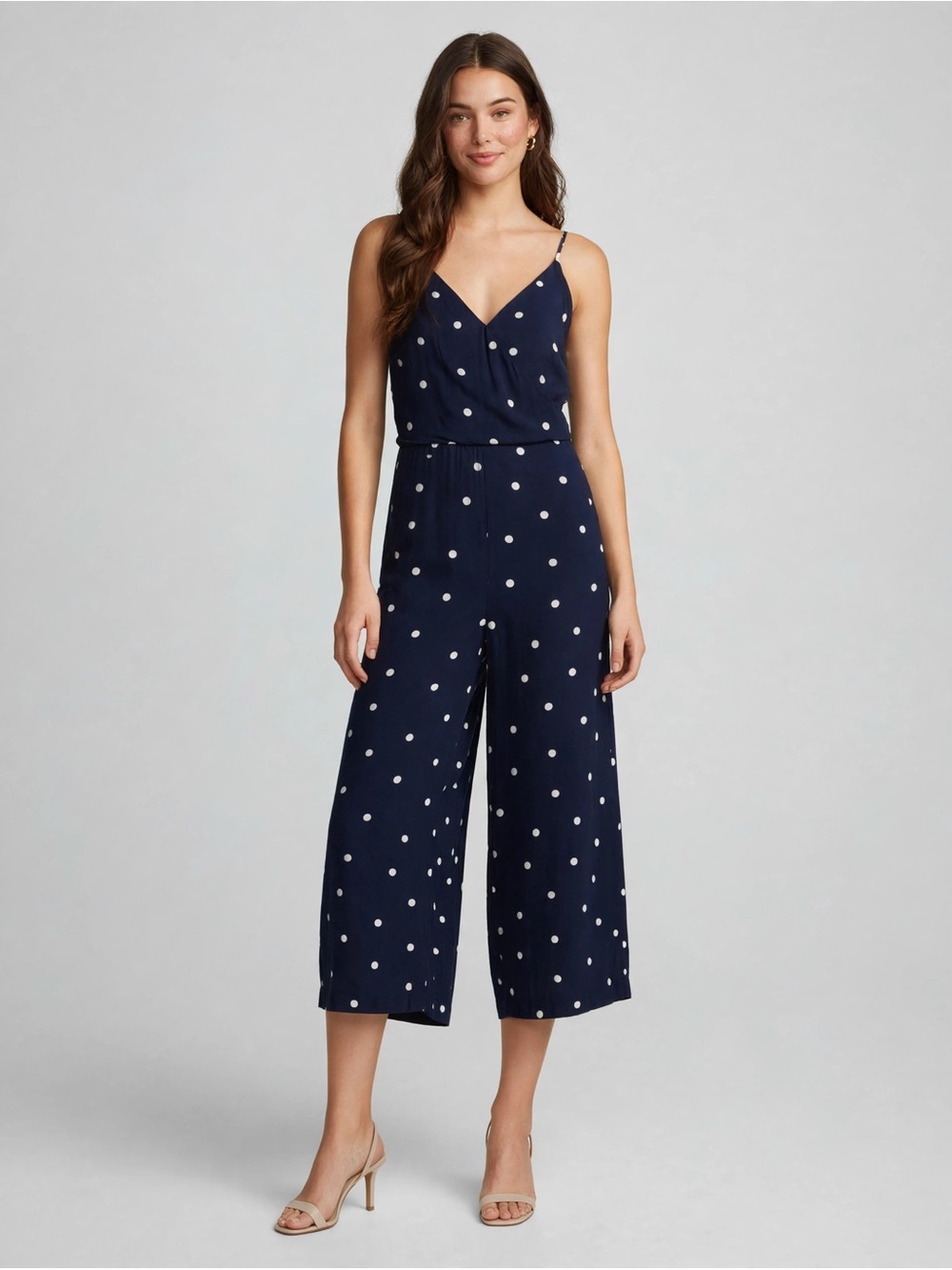 LOFT Navy and White Polka Dot Spaghetti-Strap Jumpsuit